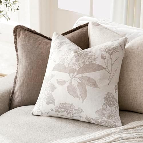 Foindtower Set of 2 Linen Floral Vintage Throw Pillow Covers Neutral Accent Decorative Cushion Covers Farmhouse Boho Home Decor for Sofa Chair Couch Bedroom Living Room,22×22 Inch,Tan Beige - Image 4