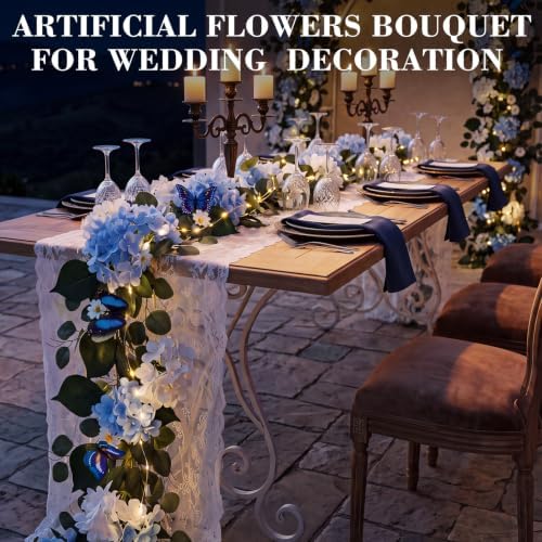 1 Pcs 6ft Artificial Hydrangea Floral Garland with Eucalyptus Leaves, Butterflies and Lights, Fake Flower Vines for Wedding Arch Wall Table Centerpiece Summer Party Decor(Blue and White) - Image 4