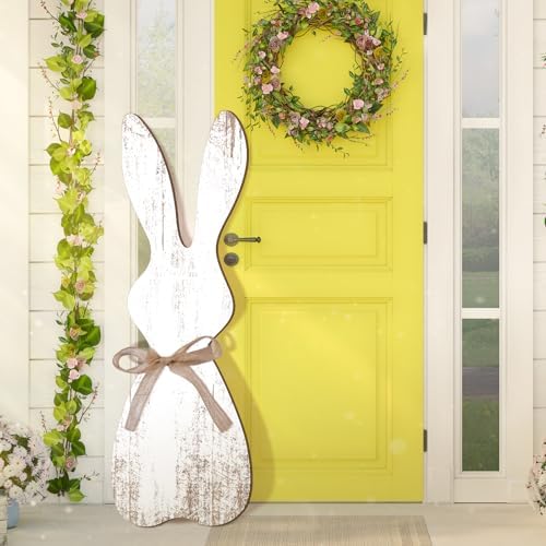 Yerliker 35.5 H Easter Bunny Porch Decor Sign Easter Outdoor Decor Wooden Bunny Standing Porch Sign Vertical Farmhouse Rabbit with Ribbon for Front Door Indoor Outdoor Yard Garden Decor by Yerliker