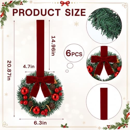 Dingion 6 Pcs 6 Inch Mini Christmas Cabinet Wreath with Burgundy Bow - Image 2