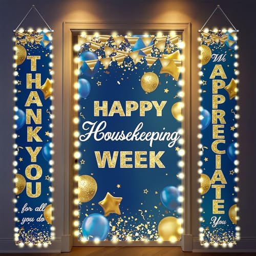 3 Pcs Lighted Happy Housekeeping Week Hanging Banner with LED Lights by Preboun