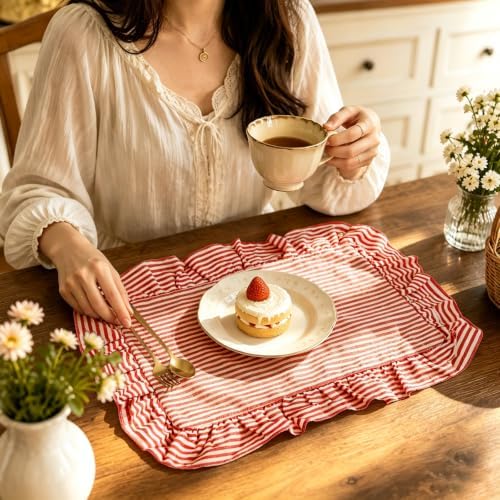 Whaline Vintage Red Cotton Placemats with Ruffle Stripe Kitchen Place Mats for Birthday Party Home Dining Table Decor, Set of 6, 14.5 x 19.7 in - Image 6