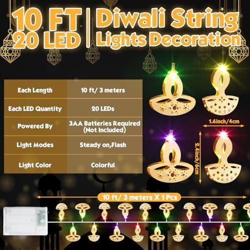Glooglitter 20 ft 40 LED Diwali Diya String Lights, Colorful, 2 Styles - Image 2