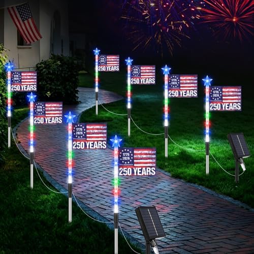 8 Pack Solar American Flag Pathway Lights, Patriotic Red White Blue Outdoor Stake Waterproof LED Lights with 8 Modes, Decorations 4th of July Memorial Day, Independence Day Garden Yard Lawn Decor by MUDEREK