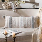 BlissBlush 14x36 Lumbar Pillow Cover for Bed, Rectangular Long Decorative Throw Pillowcase, Boho Accent Cushion with Gray Tufted Pattern and Tassels, Cream Neutral (Cover Only) by BlissBlush