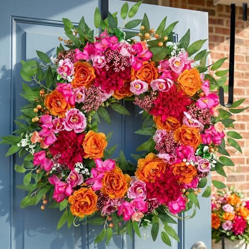 BLOSMON Summer Wreaths for Front Door, 26 Inch, Pink Orange, with Hanger by Blosmon