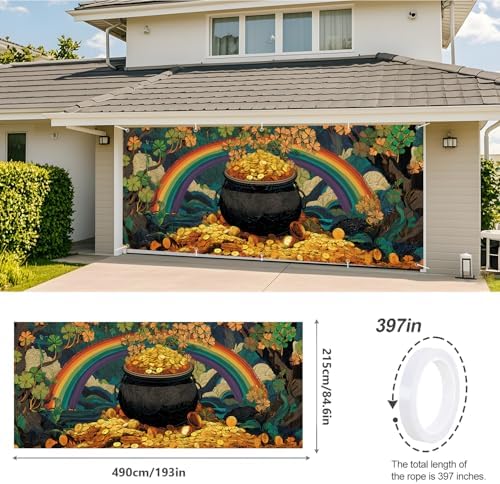 Pot of Gold St. Patrick’s Day Garage Door Banner 7x16FT, Lucky Clover & Rainbow Garage Door Cover, Outdoor Decoration for Yard & Garage on St. Patrick’s Day - Image 3