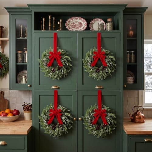 Barydat 12 Pcs 15" Mini Christmas Wreaths for Kitchen Cabinet with Long Bow - Image 3