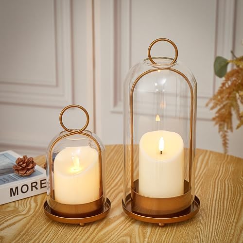 Hurricane Metal & Glass Candle Holder Set of 2 with Timer Candles, Decorative Candlestick Pillar Holder with Clear Glass for Wedding Party Holiday Dining Table Centerpiece Lanter, Gold - Image 7
