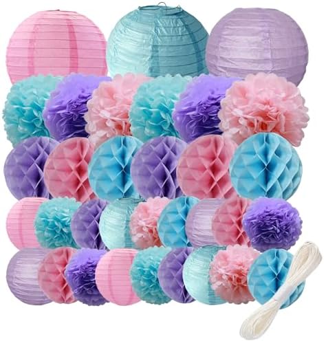 WOLHOWLTD Mermaid Theme Paper Decoration Set - 33 Pcs Paper Lanterns, Pompoms, Honeycomb Decorations for Mermaid Theme, Baby Shower,Wedding Rainbow Birthday Party Home Decoration(Pink Blue Purple) by Unknown
