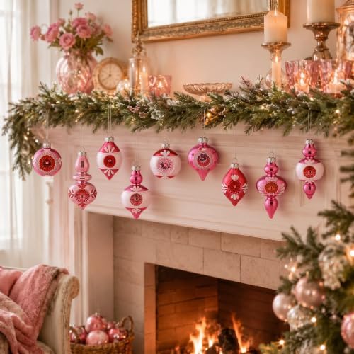 Soulchen 10 Pcs Vintage Glass Christmas Ornaments, Assorted, Pink - Image 4
