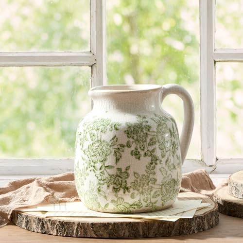 Ceramic Vintage Flower Vase, Utensil Holder, Green and White Decorative Vase Chinoiserie Decor Rustic Farmhouse Retro Floral Vases for Table Bookshelf Mantel Kitchen Living Room - 6.7” Green 016 - Image 4