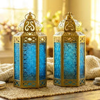 VELA LANTERNS 12" Metal Moroccan Decorative Candle Lantern Holders for Hanging or Table, Indoor Home Decor, Outdoor Patio or Porch, Weddings, Gold, Blue Glass, Large, Set of 2 by VelaCandleLanterns