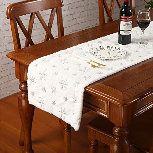 Faux Fur Christmas Table Runner with Silver Sequin Snowflakes, White Super Soft Thick Luxury Table Decoration for Holiday Xmas,15x70 Inch by Sattiyrch