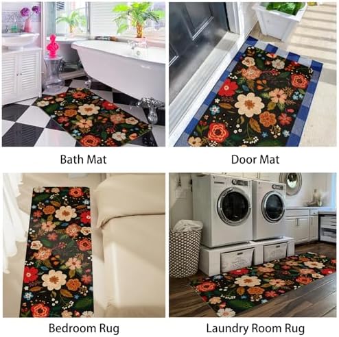 Boho Floral Kitchen Mat Set of 2,Modern Farmhouse Flowers Kitchen Rugs and Mats Non Skid Washable,Spring Summer Bohemian Kitchen Runner Rugs with Rubber Backing (Black 17"x47"+17"x30") - Image 6