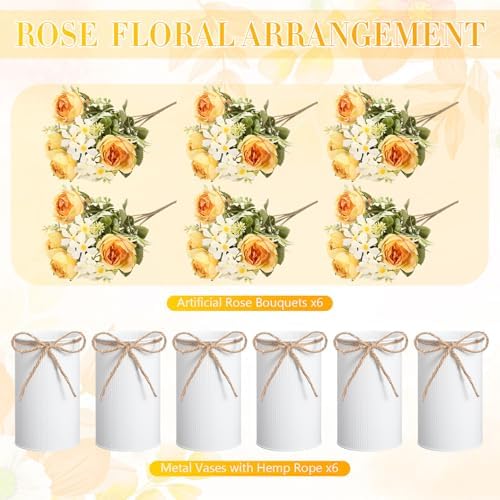 Domensi 6 Sets Wedding Centerpiece for Table Decoration Yellow Artificial Fake Rose Flower with Metal Vase Faux Silk Rose Bouquet Floral Arrangement for Bridal Shower Home Dining - Image 5