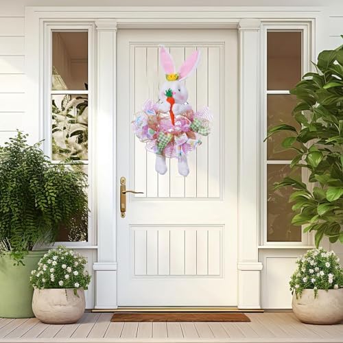 Easter Wreaths for Front Door with Lights,Easter Door Wreath,Easter Mesh Wreath,Bunny Spring Colorful Easter Decorations Holiday Ornament for Home Indoor Outdoor Supplies (Pink Bunny) - Image 4