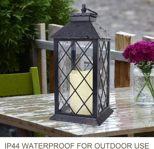 2-Pack 13.5" Vintage Candle Lantern with LED Pillar Candle (Black, 6hr Timer) - IP44 Waterproof Battery Powered Decorative Light - Outdoor Patio Hanging Lantern Decorative Tabletop Light - Image 3