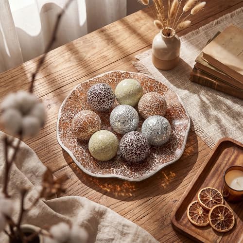 Suclain Centerpiece Bowl and Decorative Balls Set 8 Pcs Table Mosaic Plate with 2.4 Inch Glass Mosaic Orbs Glass Turquoise Tray and Spheres for Centerpiece Table Home Vases Decor(Khaki Light Brown) - Image 6