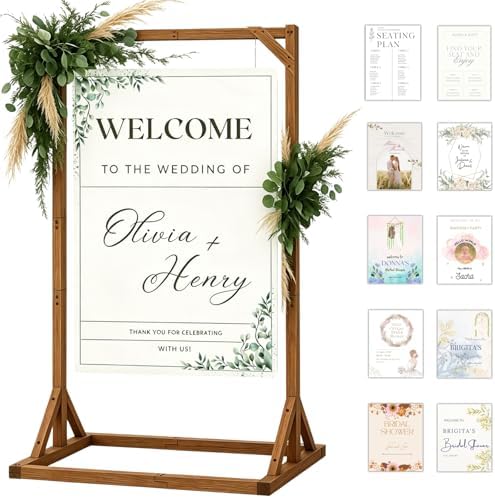Wooden Welcome Sign Stand, Heavy Duty Adjustable Sign Holder Stand Wood Easel w/ Poster Design Templates for Wedding, Bridal Shower, Baby Shower, Birthday Party, 62" x 30" x 20" by Merrifete