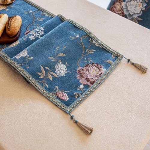 Floral Embroidered Table Runner 108 Inches Non-Slip Tassels, Dusty Blue - Image 7