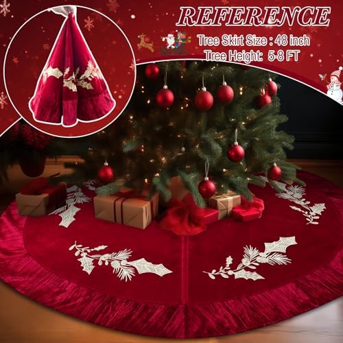 48 Inches Velvet Christmas Tree Skirt Red Wine Luxury Xmas Gold Fur Plush Skirts with Gold Embroidered Holly for Merry Christmas Party Rustic Vintage Holiday Home Winter Decorations - Image 4
