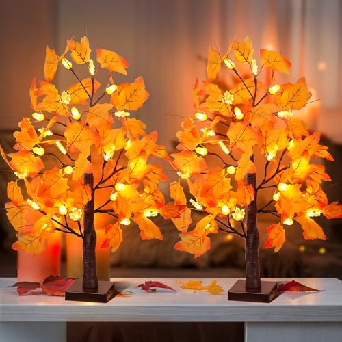 2 Pack 24 Inch Lighted Maple Trees with 48 LEDs & Timer, Fall Decorations for Home, Battery Operated Artificial Autumn Tabletop Tree with Acorns Maple, Indoor Fall Decor Thanksgiving Table Centerpiece - Image 6