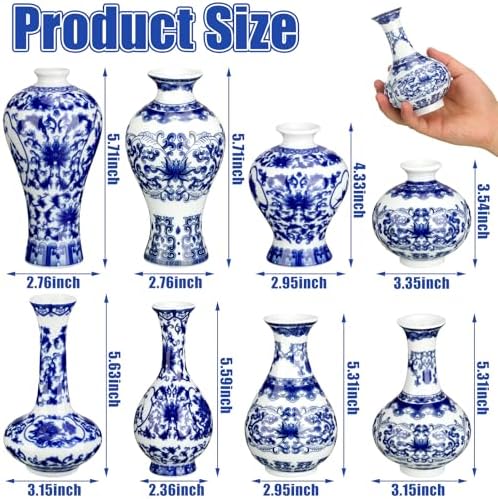 Dandat 8 Pcs Small Blue and White Ceramic Vase, Chinoiserie Floral,Fresh - Image 2