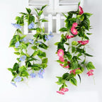 FOMIYES 2Pcs Artificial Morning Glory Vines Silk Garland Blue Hanging Green Plants for Wedding Outdoor Wall Fence Stairway Decor - Image 2