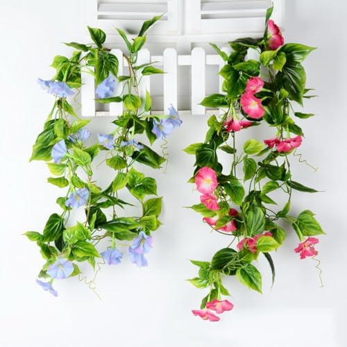 FOMIYES 2Pcs Artificial Morning Glory Vines Silk Garland Blue Hanging Green Plants for Wedding Outdoor Wall Fence Stairway Decor - Image 2