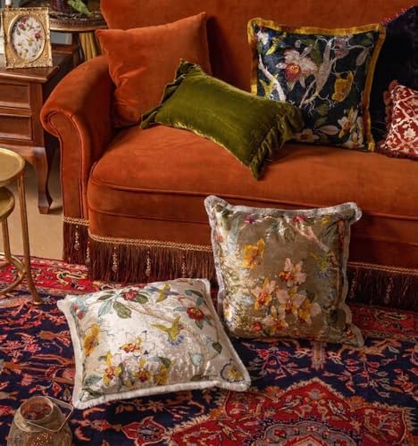 GUMAS Original Luxurious Floral and Bird Print Velvet Throw Pillow, 18x18 Cushion Cover with Vintage Chinese Style Design (1, Black Cover) - Image 2