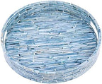 PEMAR 12.6” Mother of Pearls Lacquer Inlaid Round Serving Tray with Handles, Round Decorative Nacred Wooden Ottoman Coffee Table Tray (Blue Tiles) - Image 2