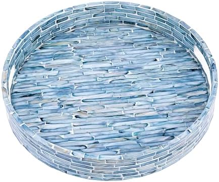PEMAR 12.6” Mother of Pearls Lacquer Inlaid Round Serving Tray with Handles, Round Decorative Nacred Wooden Ottoman Coffee Table Tray (Blue Tiles) - Image 2