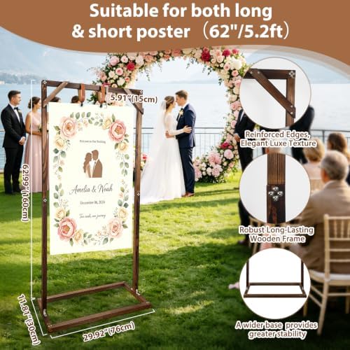 Wooden Welcome Sign Stand, Fixed Sign Holder , Wedding Welcome Sign Stand Wood Easel with Hanging Straps & Ground Stakes for Wedding decor, Birthday Party or Any Event, 63" x 30" x 11.8" - Image 2