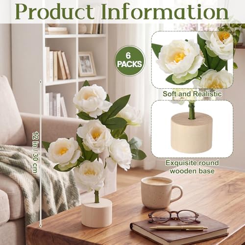 Soulchen 6 Pcs Faux Peony Flowers 12 Inch with Wood Base Tabletop Decor - Image 2