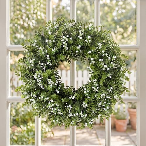 26" Large Eucalyptus Wreaths for Front Door,Spring Summer Fall Autumn Winter Wreaths,Boxwood Outdoor Wreath with Babys Breath for Porch, Wall,Home Decor- Spring Summer Fall Winter All Seasons - Image 5