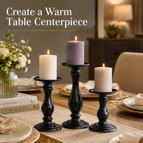 Matte Black Pillar Candle Holders Set of 3-10", 8", 6”H Candlestick Candle Holders Stand, Home Coffee Table Decor Decorations Centerpiece for Dining/Living Room - Image 3