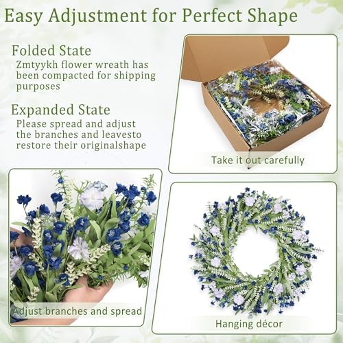 26" Floral Wreath, Artificial Spring Wreaths for Front Door, with Wildflower Portulaca Flowers, Indoor Outdoor Porch Window Wall Home Decor for Valentine’s Day Easter, Summer & Wedding Blue - Image 3