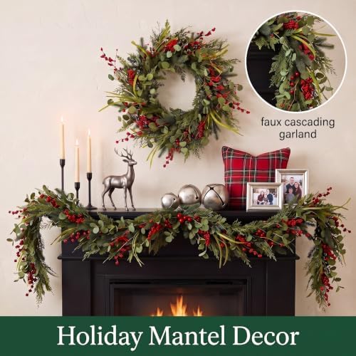 24 Inch Artificial Christmas Wreaths for Front Door with Eucalyptus, Red Berries for Outdoor Wall Farmhouse Holiday Xmas Decoration - Image 4
