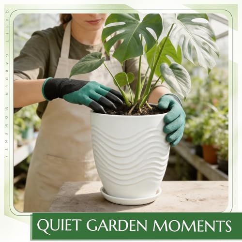 11.8 Inch Flower Pots for Indoor Plants,Ceramic Planter with Saucer Drainage Leak-Proof Mesh Gardening Gloves (Water-Ripple White) - Image 5