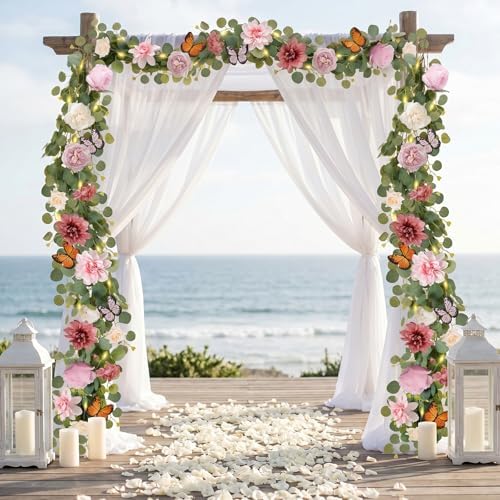 2PCS 13Ft Artificial Eucalyptus Garland with Flowers Lights for Wedding - Image 7