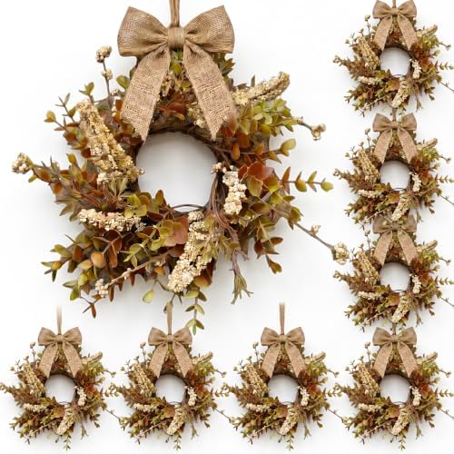 8 Pcs Small Fall Hanging Wreaths with Artificial Autumn Eucalyptus Greenery White Buds Beige Spikes Mini Cabinet Wreath for Home Table Centerpieces Kitchen Farmhouse Thanksgiving Party Decor by EYNDYN