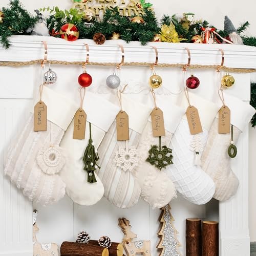 LUBOT Boho Christmas Stockings with Name Tag Set of 6 Rustic Farmhouse Country Large Family Xmas Stocking 20" with Fringe Pendant Fireplace Hanging Decor 6 Pack by LUBOT