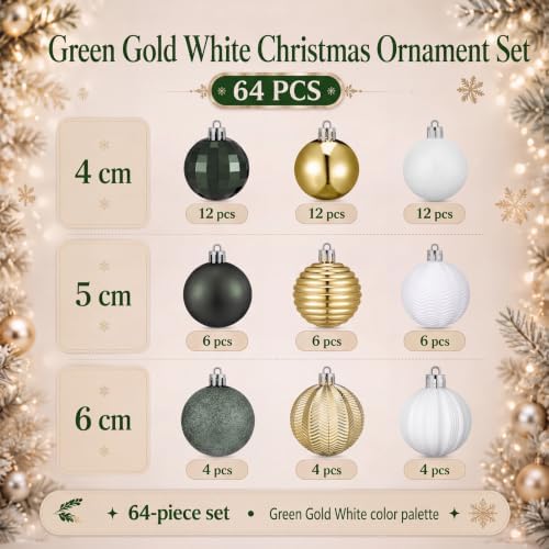 Lunmon 64 Pcs Christmas Ball Ornaments Emerald Green Champagne Gold White - Image 3