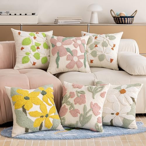 Summer Floral Throw Pillow Covers 20x20 Inch Set of 2, Chenille Embroidered Pillowcase with 3D Tufted Yellow Flowers Sage Green Leaves, Boho Decorative Cushion Covers for Couch Sofa Bed - Image 5