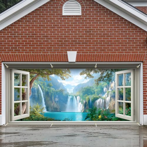 6x13 FT Window View Waterfall Garage Door Banner -Tropical Rainforest Scenic Backdrop, Large Indoor Garage Door Cover,Nature Landscape Decoration for Home Yard,Patio,Holiday Party by FOREVERQUEEN