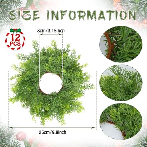 12 PCS Christmas Candle Rings Wreath Artificial Green Norfolk Cedar Mini Candle Ring Holder Small Wreaths for Xmas Cabinets Kitchen Windows Home Wedding Table Centerpiece Door Window Chair Wall - Image 4