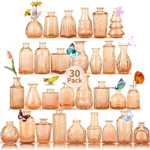 Valentine's Day Glass Bud Vases,Versatile Small Bud vases for Home and Wedding Decor, Exquisite Bridal Shower Table Centerpieces,Aromatherapy Bottles,Candle Holder, Gifts Idea(Pack of 30,Amber) by earthgadgets