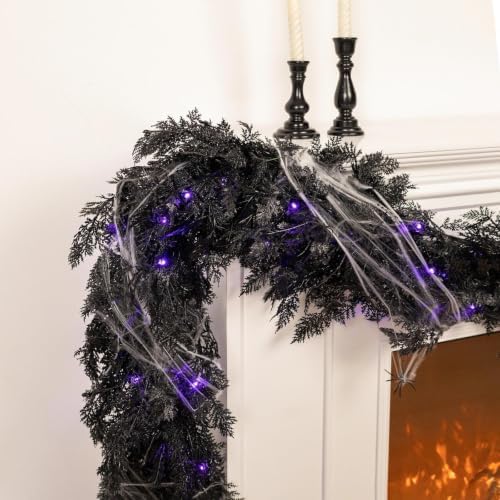 Pre-lit Halloween Garland Decorations Black Real Touch Cedar Cypress with Berry & Spider & Spiderweb Halloween Garland for Mantle, Fireplace, Table, Stairs, Door, Indoor Outdoor Decor, 9FT - Image 7