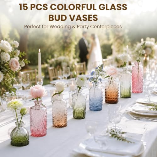15Pack Colorful Glass Bud Vases,Bulk Mini Small Colored Vintage Vases - Image 5